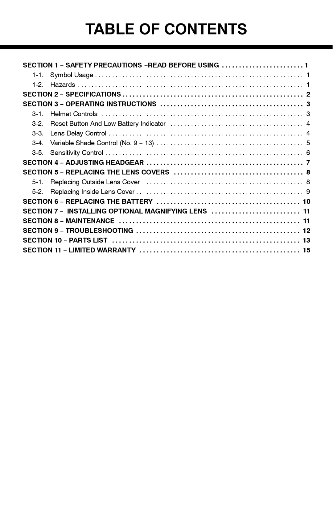 Hobart Welding Products XVX manual Table of Contents 