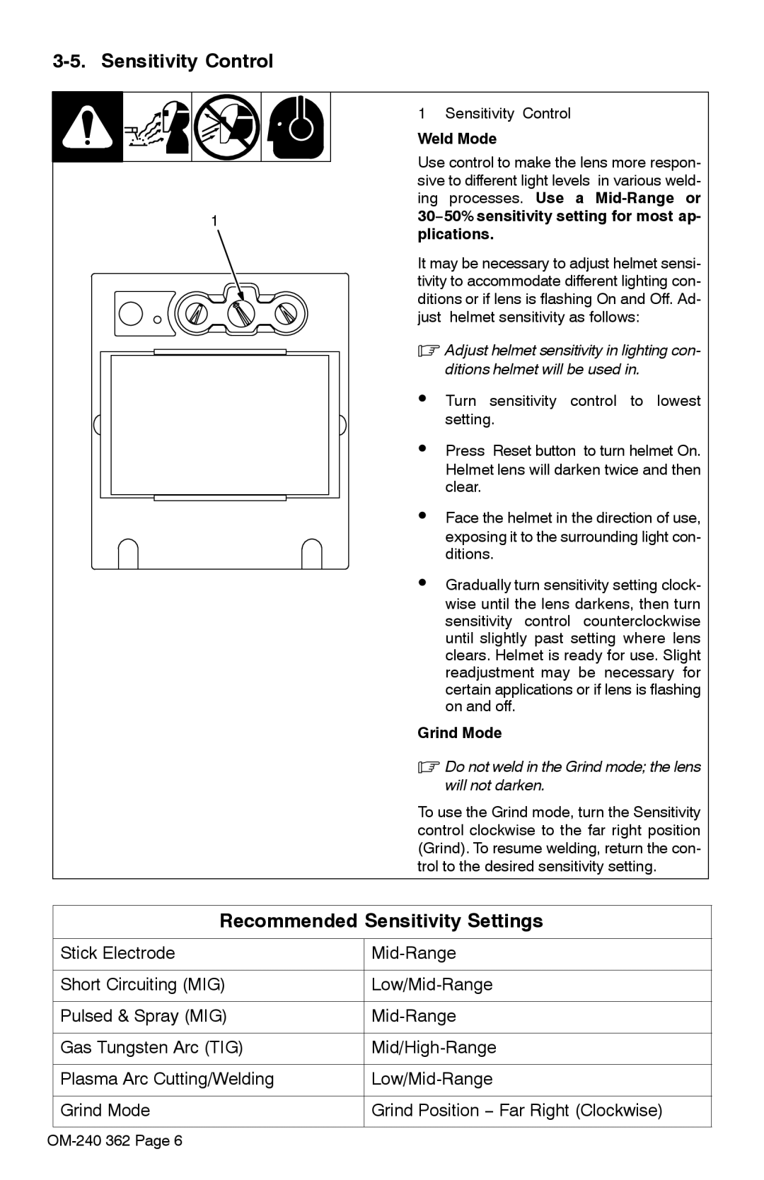 Hobart Welding Products XVX manual Sensitivity Control, Recommended Sensitivity Settings, Weld Mode, Grind Mode 