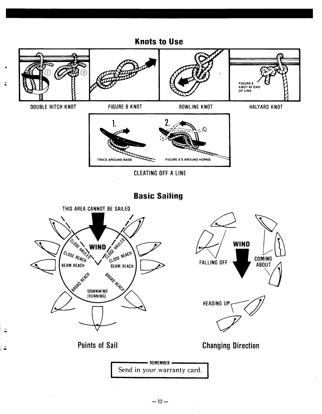 Hobie 12 manual Knots to Use, Basic Sailing, ChangingDirection, Sendin your warranty card 