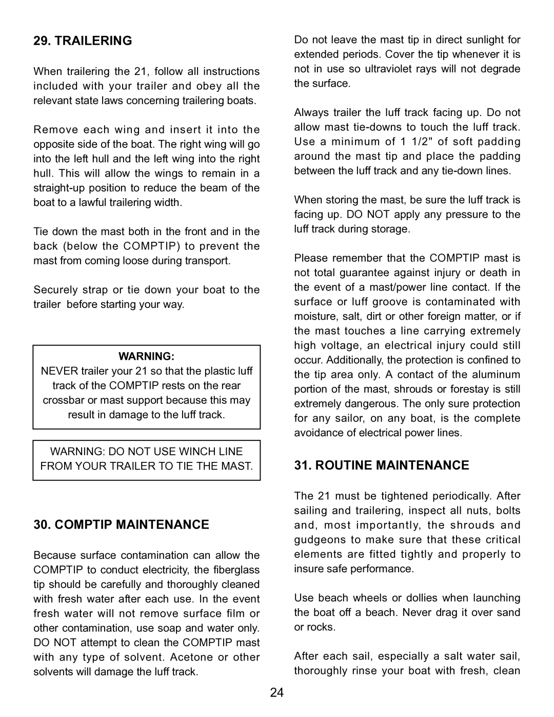 Hobie 21 manual Trailering, Comptip Maintenance, Routine Maintenance 