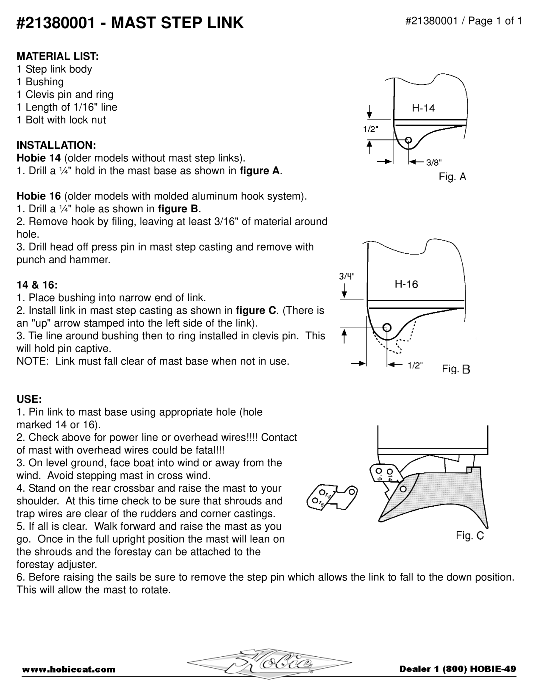 Hobie manual #21380001 Mast Step Link, Material List, Installation, Use 