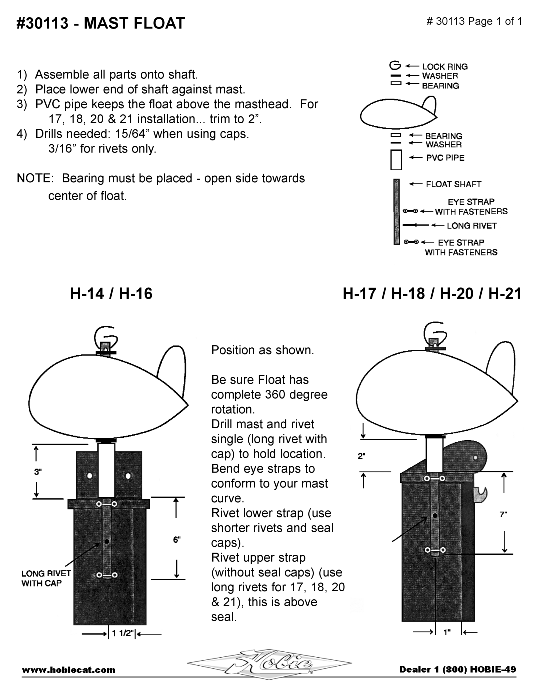 Hobie MAST FLOAT manual #30113 Mast Float, 14 / H-16 17 / H-18 / H-20 / H-21 