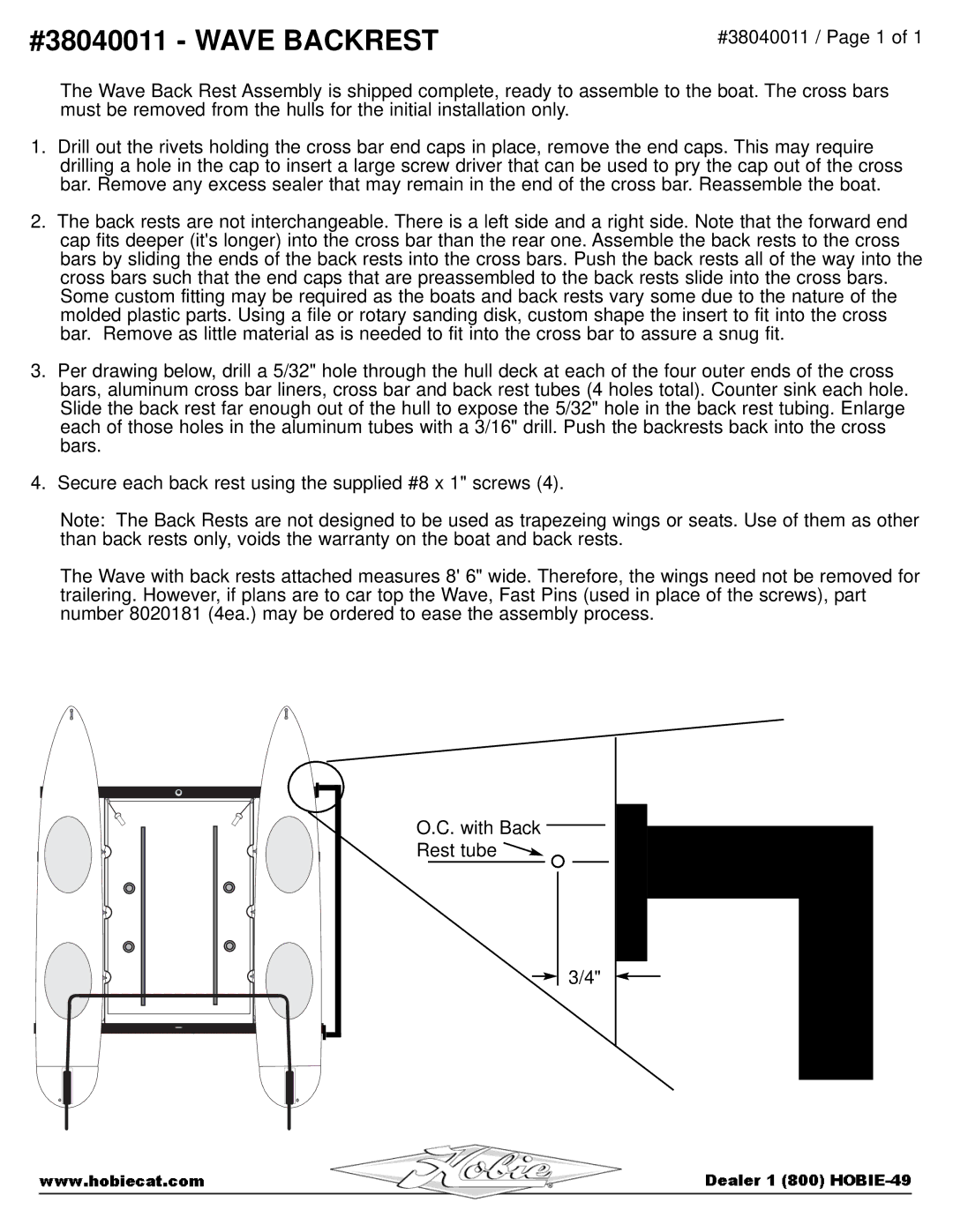 Hobie manual #38040011 Wave Backrest 