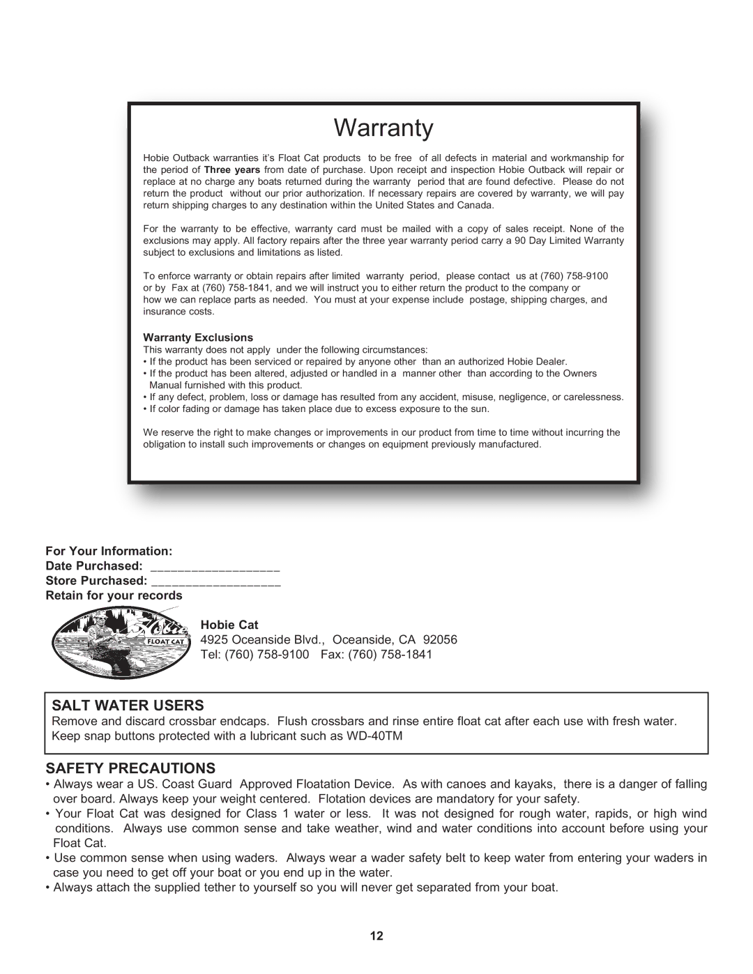 Hobie 60 manual Warranty 