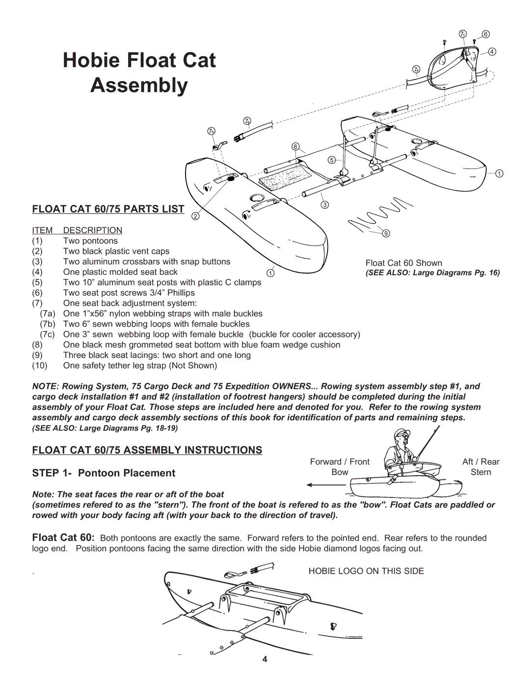 Hobie 60 manual Hobie Float Cat Assembly, Pontoon Placement 