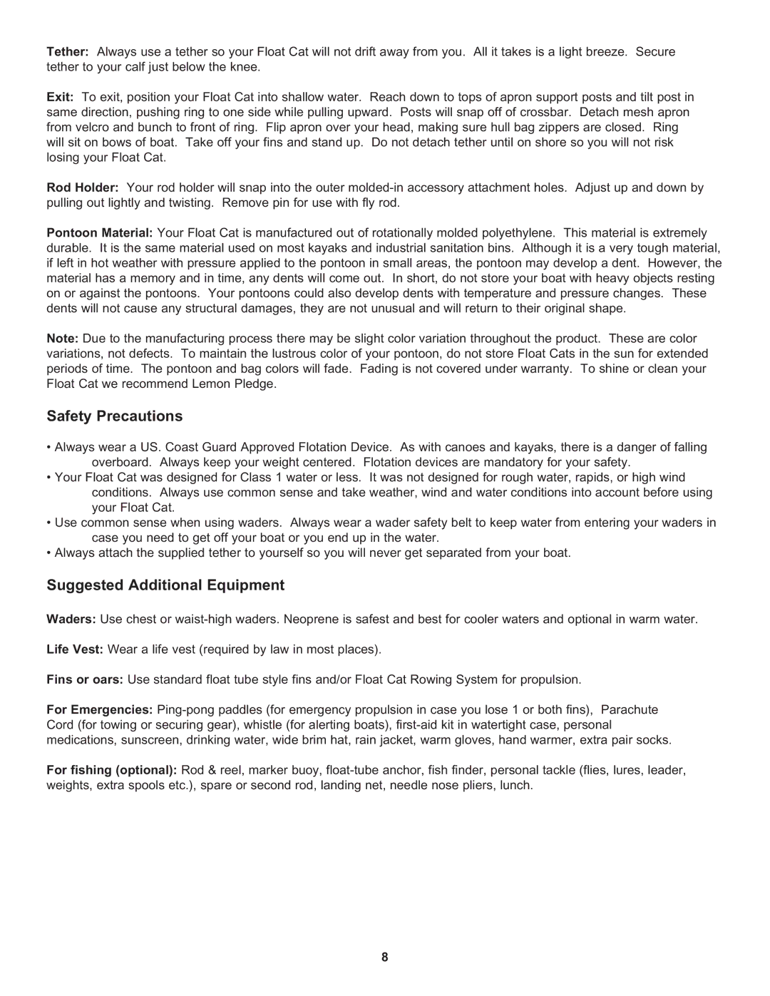 Hobie 60 manual Safety Precautions, Suggested Additional Equipment 