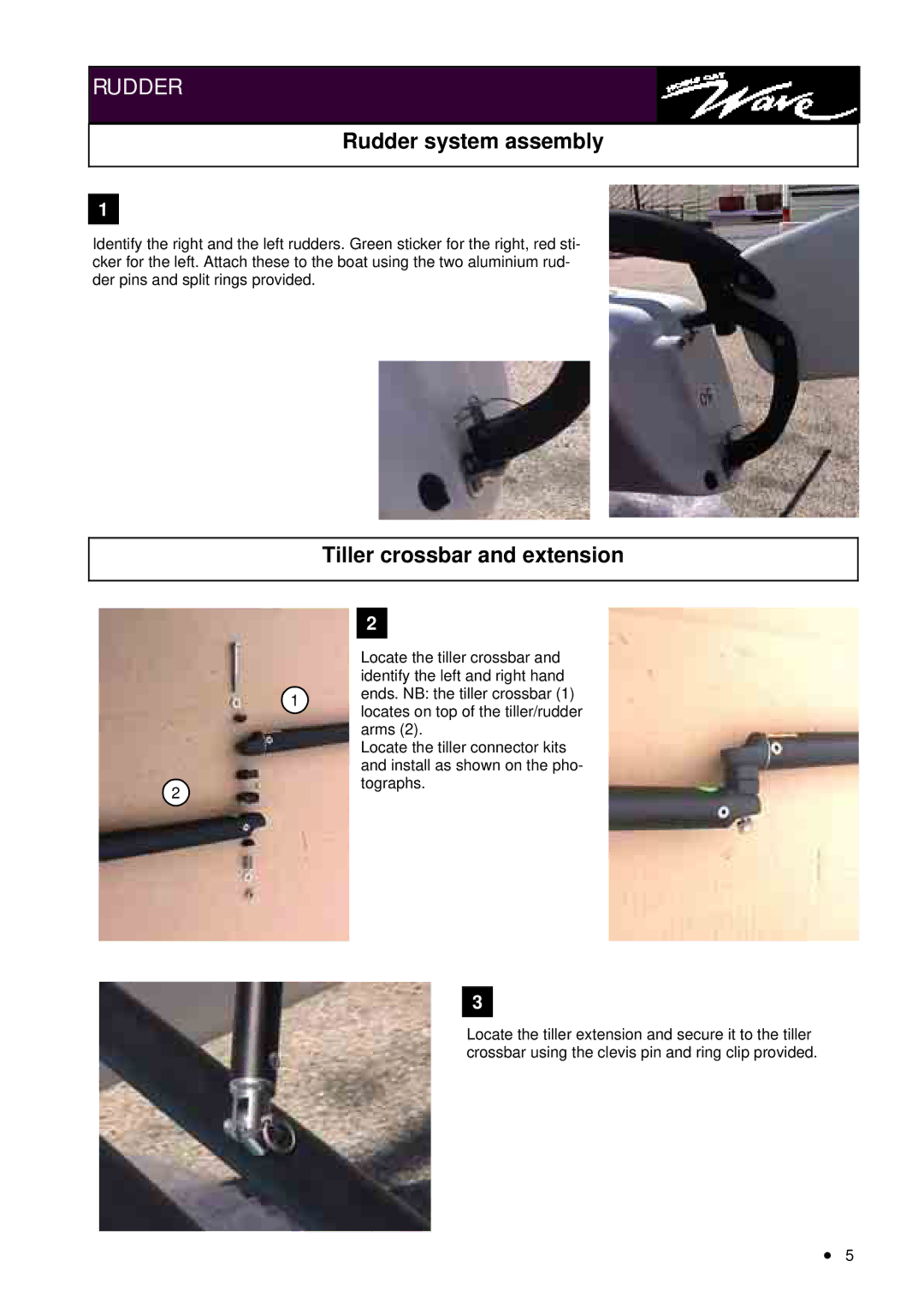 Hobie BP250 manual Rudder system assembly, Tiller crossbar and extension 