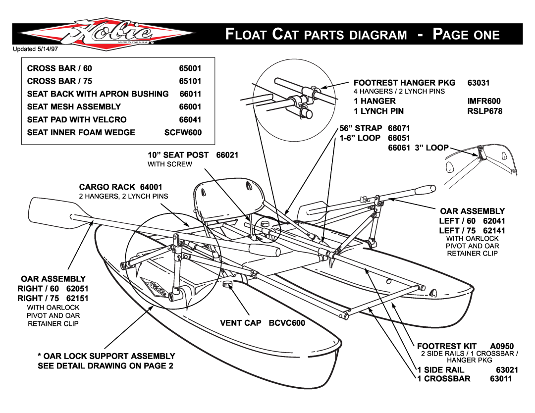 Hobie manual Float Cat Parts Diagram - Page One, 10” SEAT POST 66021 WITH SCREW, HANGERS, 2 LYNCH PINS, With Oarlock 