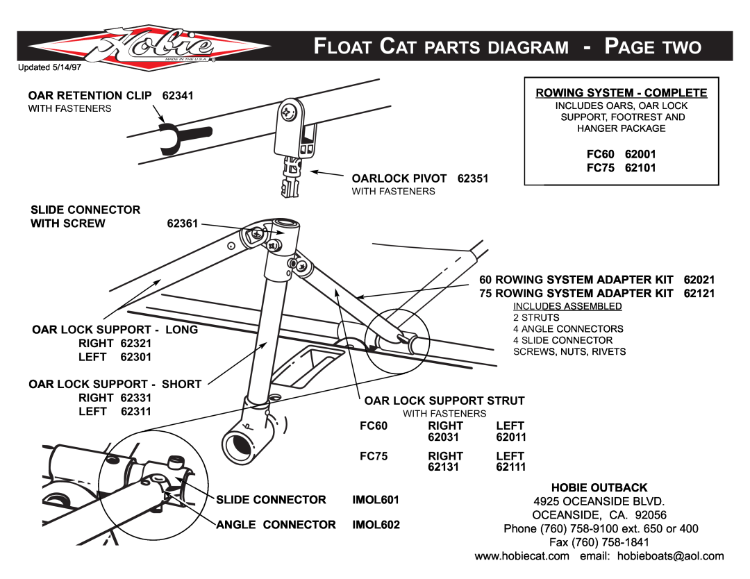 Hobie manual Float Cat Parts Diagram - Page Two, 62031, 62011, 62131, 62111, Oceanside Blvd 