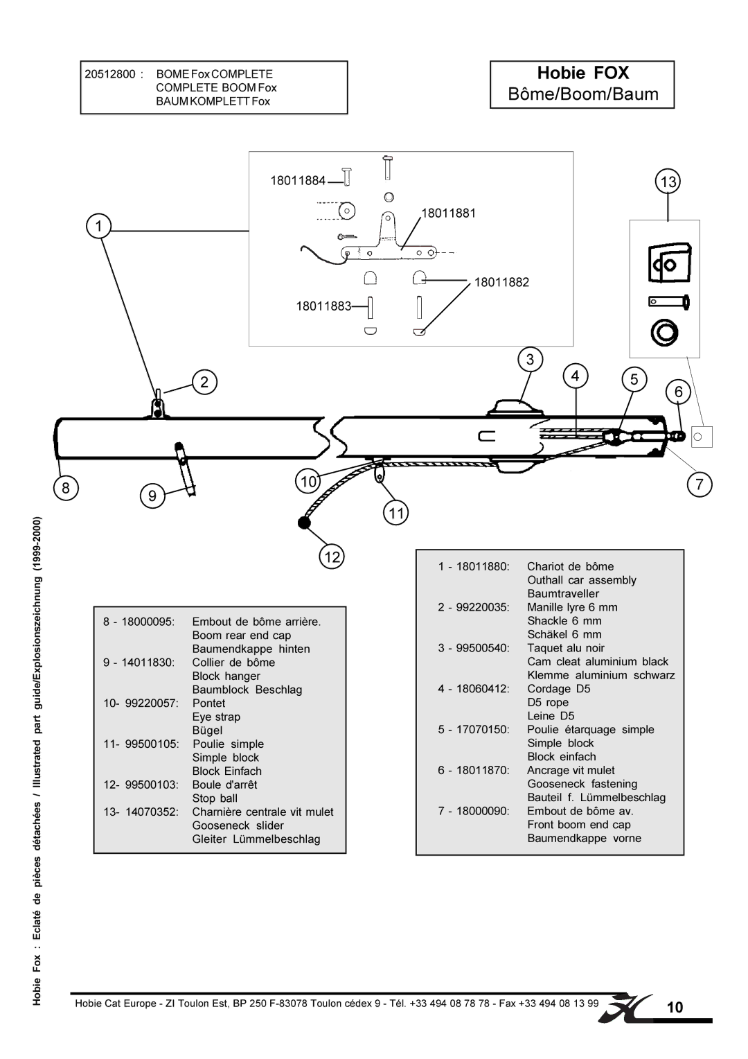Hobie manual Hobie FOX Bôme/Boom/Baum, 18011884 18011881 18011882 18011883 