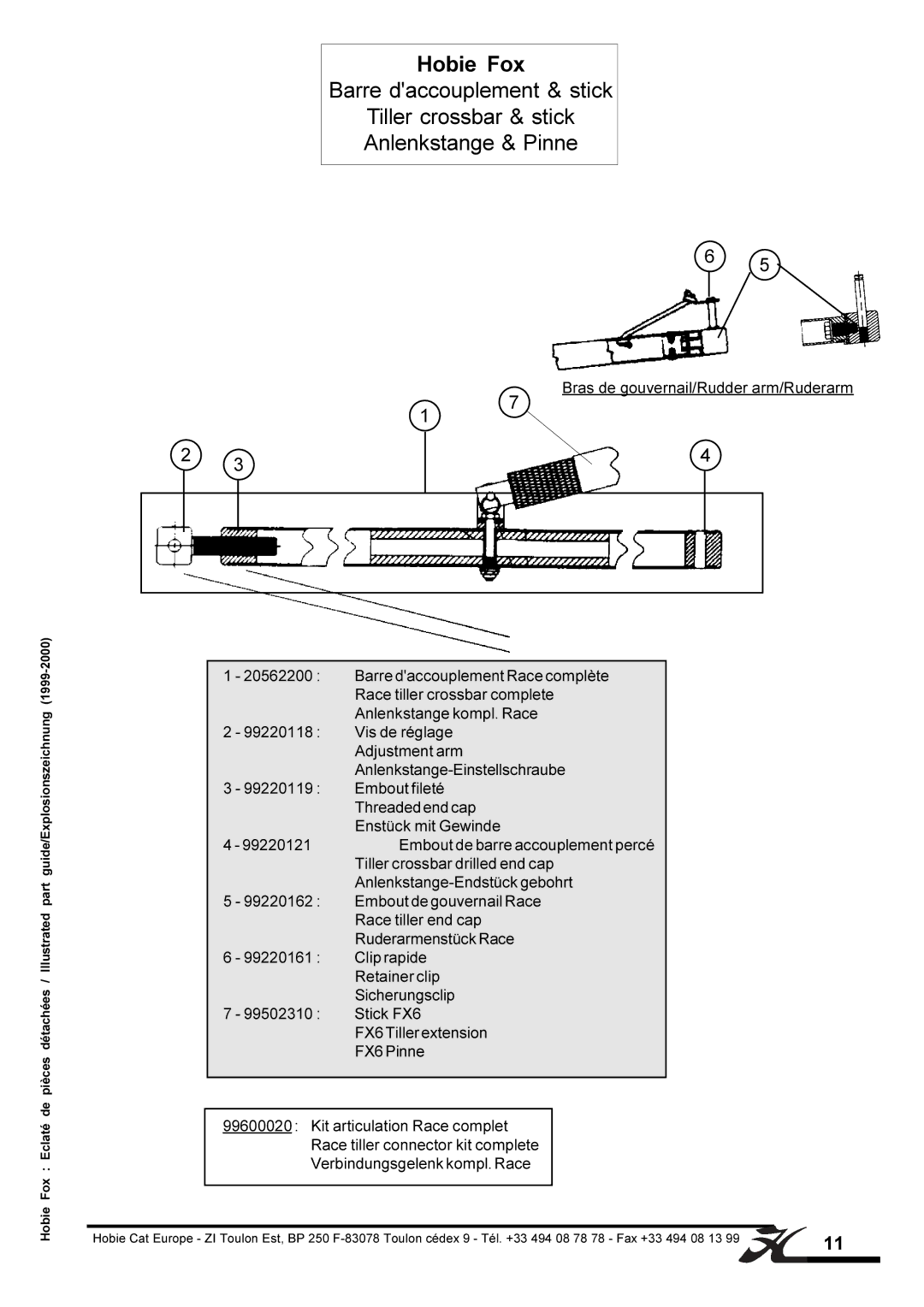 Hobie FOX manual Bras de gouvernail/Rudder arm/Ruderarm, Barre daccouplement Race complète, Race tiller crossbar complete 