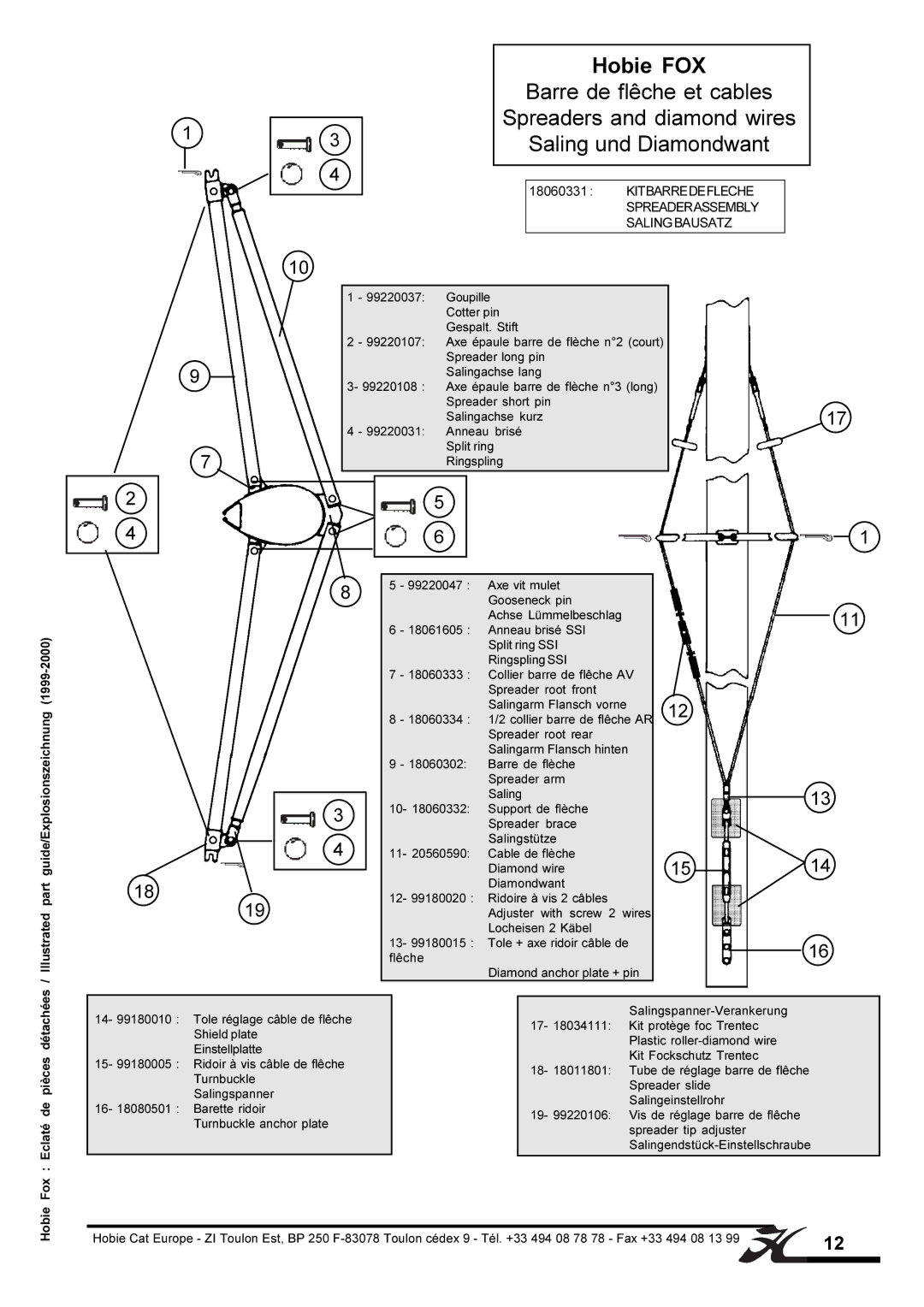 Hobie FOX manual Barre de flêche et cables, Spreaders and diamond wires, Saling und Diamondwant, 1514 