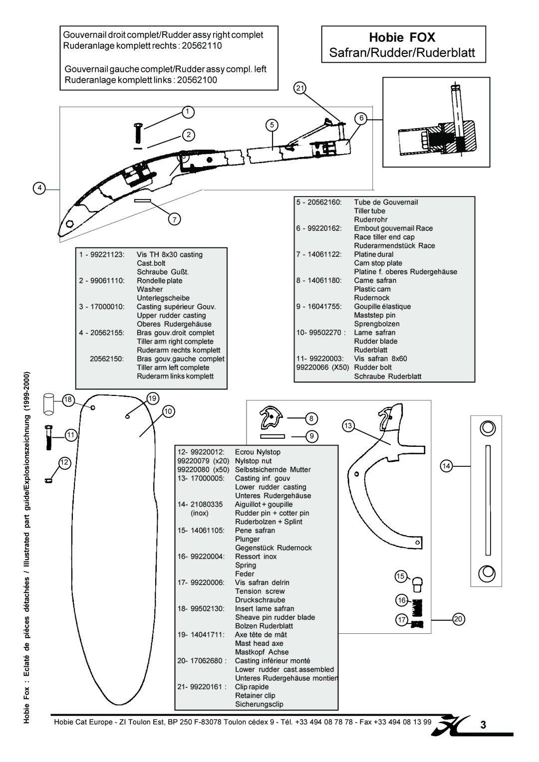 Hobie FOX manual Safran/Rudder/Ruderblatt, Gouvernail droit complet/Rudder assy right complet, Ruderanlage komplett rechts 