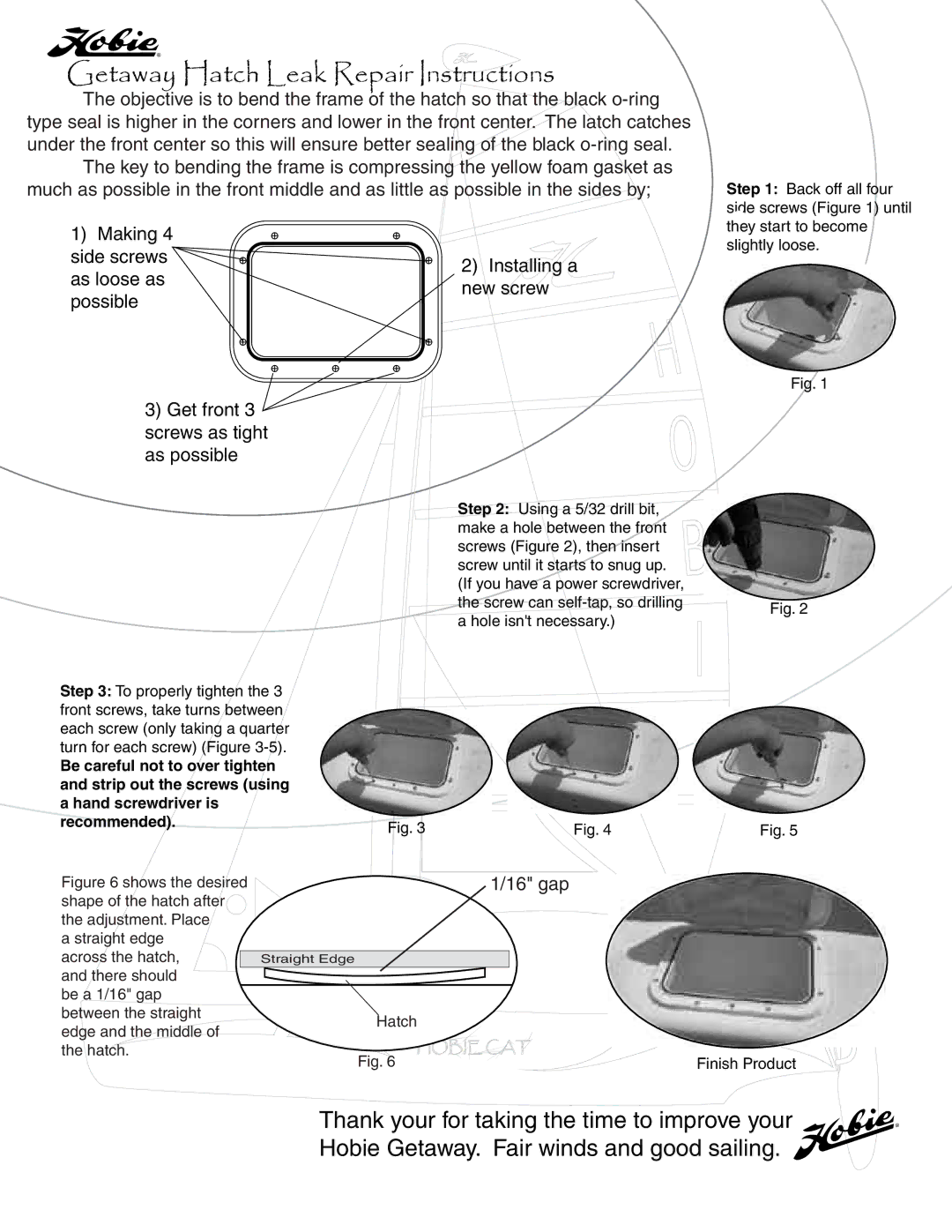 Hobie manual Getaway Hatch Leak Repair Instructions, 16 gap 