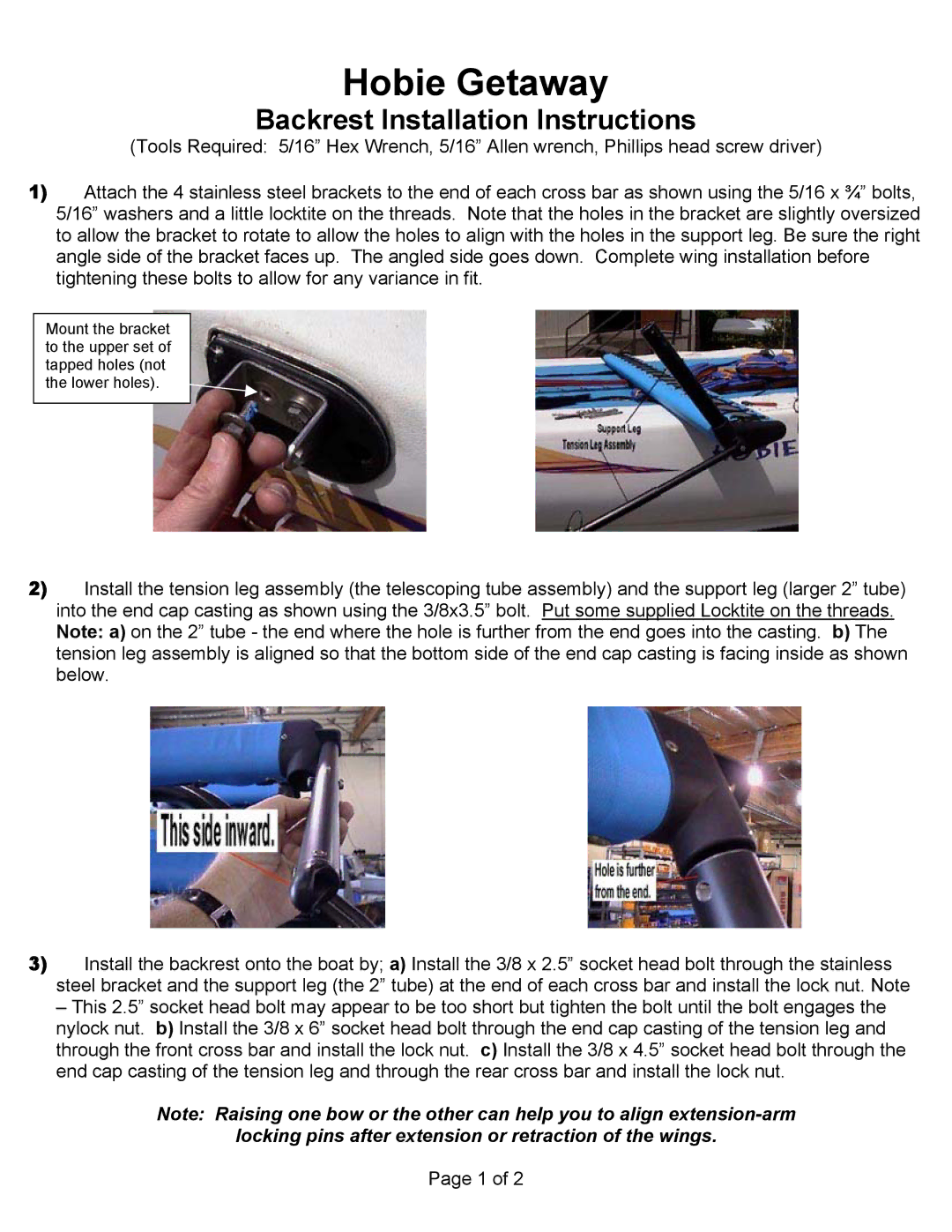 Hobie manual Hobie Getaway, Backrest Installation Instructions 