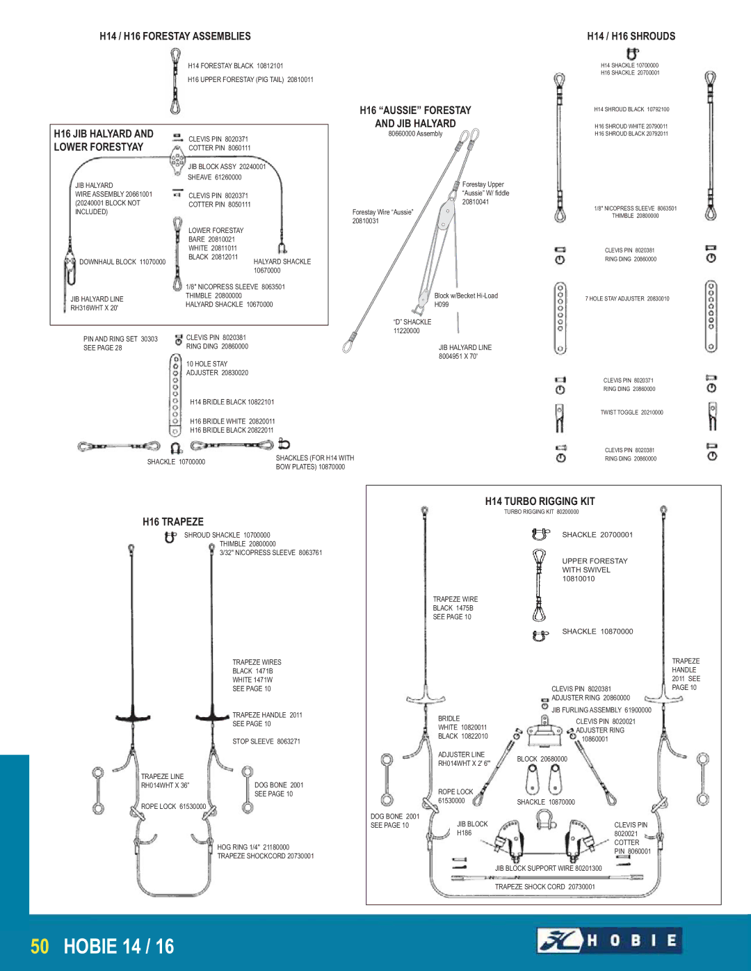 Hobie manual H14 / H16 Forestay Assemblies, H16 JIB Halyard, Lower Forestyay, H14 / H16 Shrouds, H16 Trapeze 