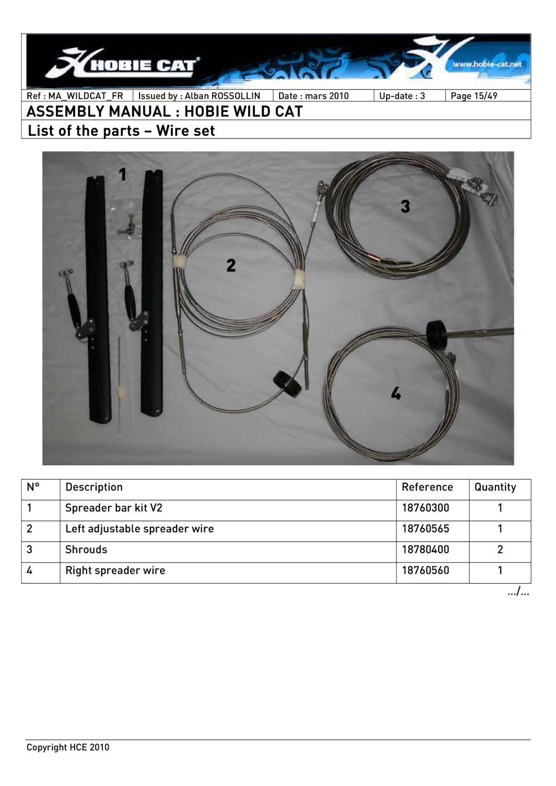 Hobie HCE 2010 manual List of the parts Wire set 