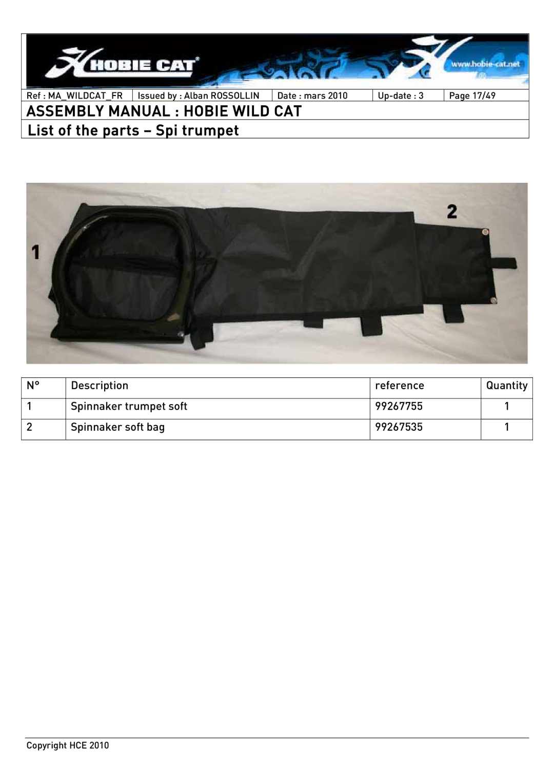 Hobie HCE 2010 manual List of the parts Spi trumpet 