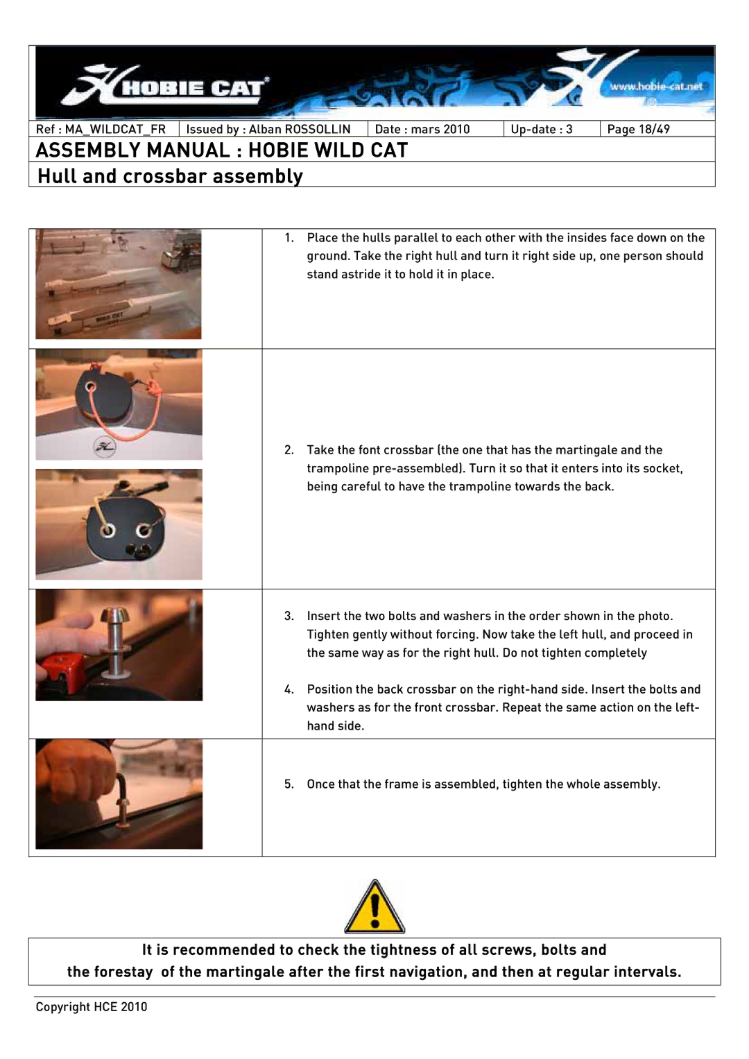 Hobie HCE 2010 manual Hull and crossbar assembly 