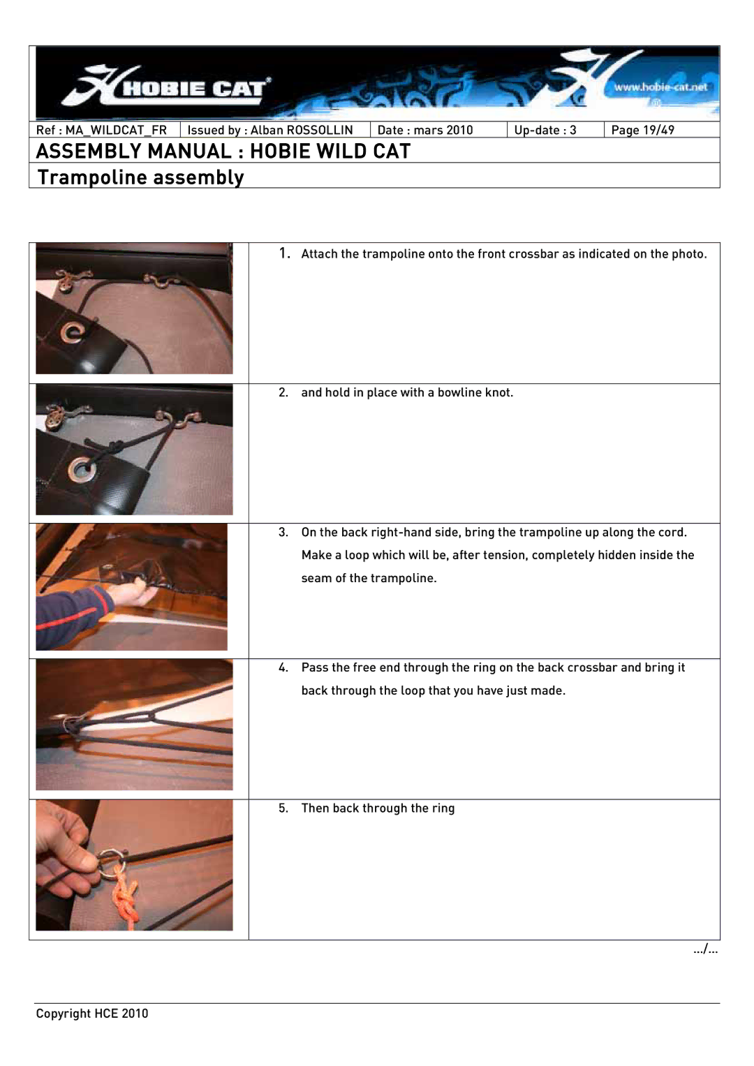 Hobie HCE 2010 manual Trampoline assembly 