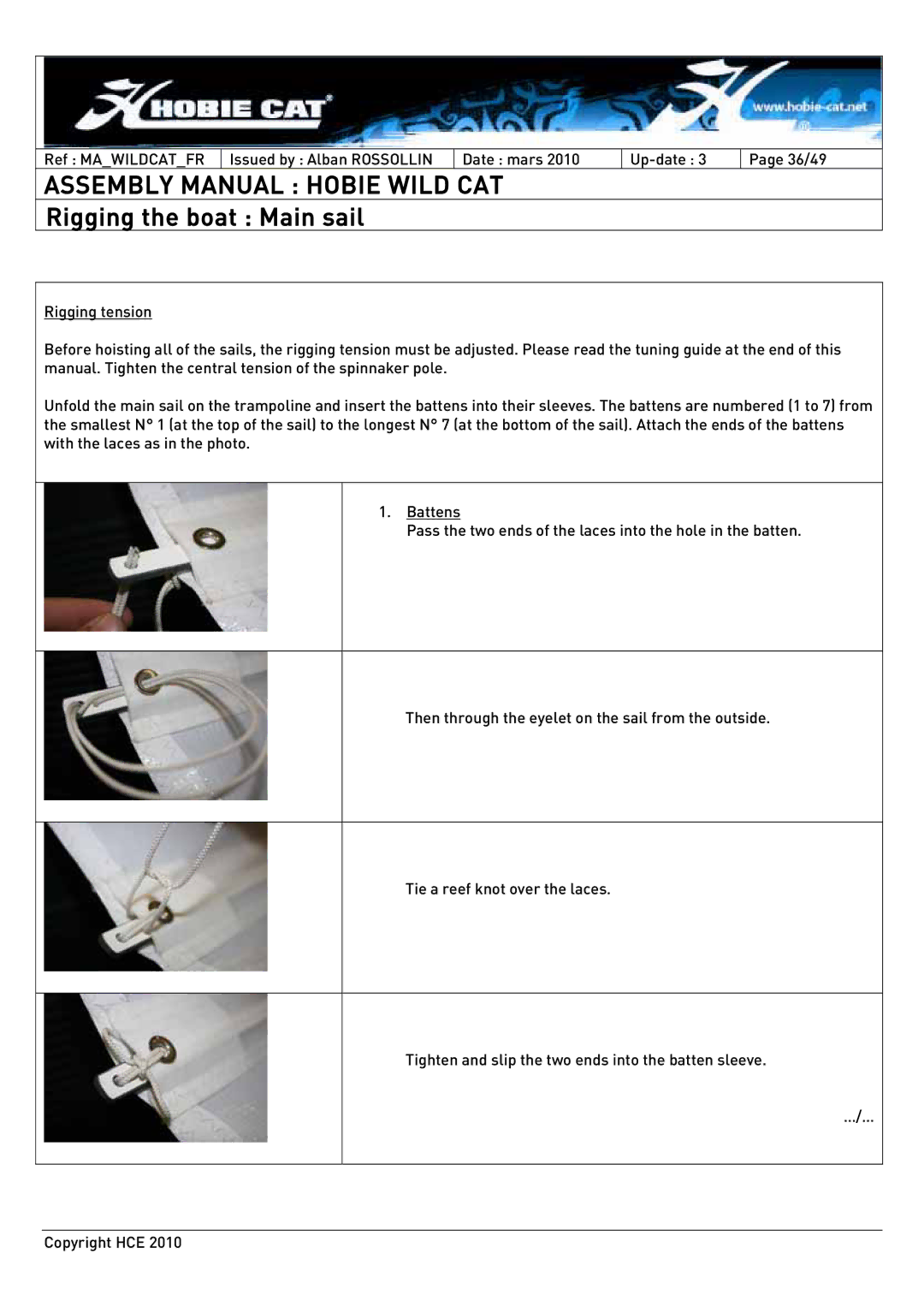 Hobie HCE 2010 manual Rigging the boat Main sail 