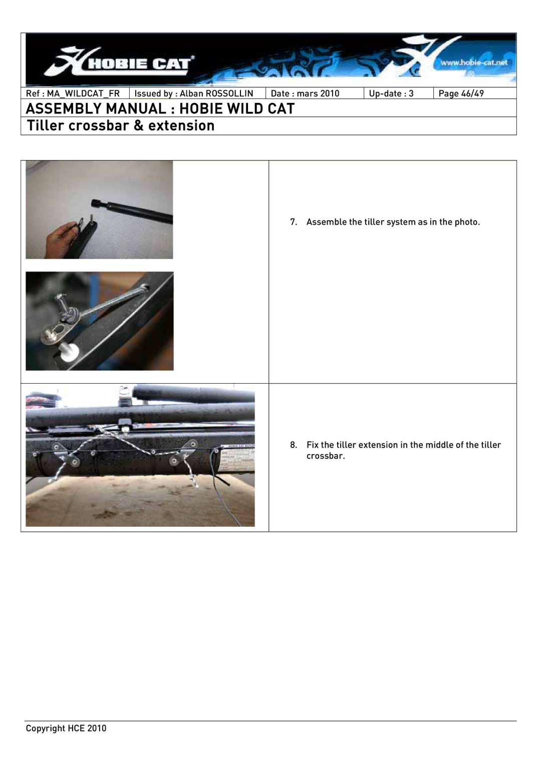 Hobie HCE 2010 manual Tiller crossbar & extension 