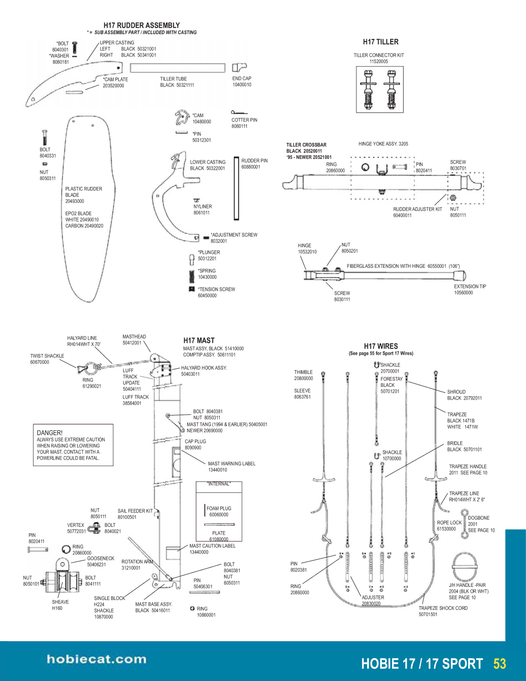 Hobie HOBIE17 manual H17 Rudder Assembly, H17 Mast, H17 Tiller, H17 Wires 