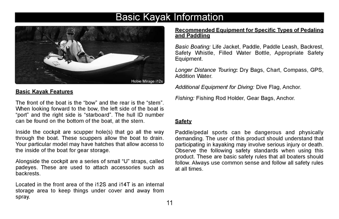 Hobie i12s manual Basic Kayak Information, Basic Kayak Features, Safety 