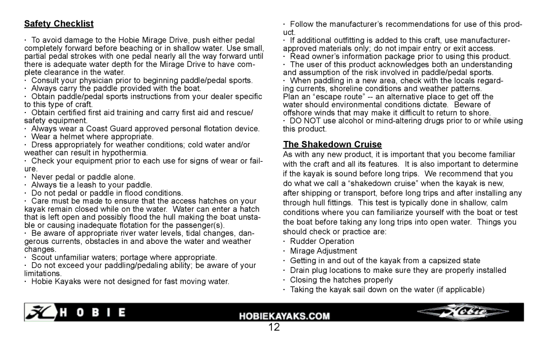 Hobie i12s manual Safety Checklist, Shakedown Cruise 