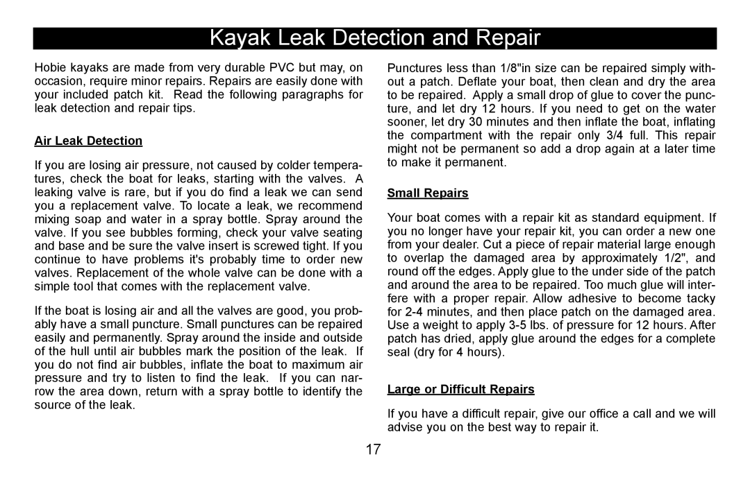 Hobie i12s manual Kayak Leak Detection and Repair, Air Leak Detection, Small Repairs, Large or Difficult Repairs 