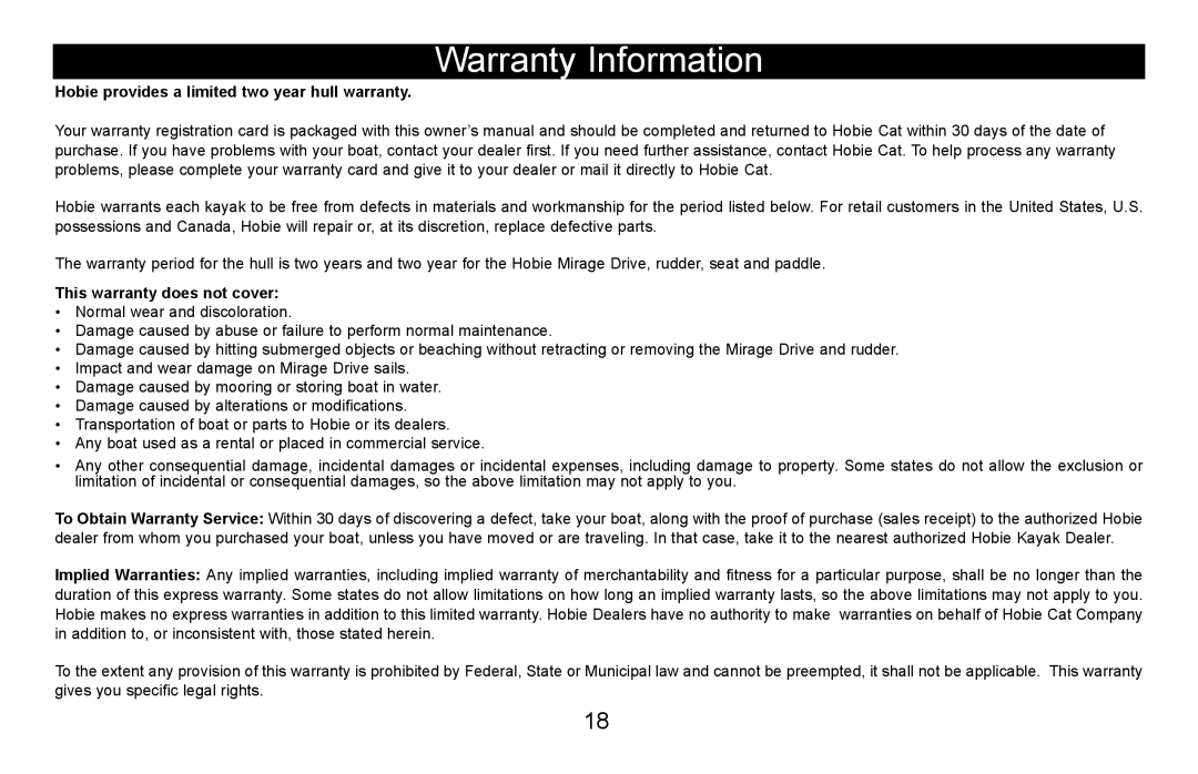 Hobie i12s manual Warranty Information, Hobie provides a limited two year hull warranty 