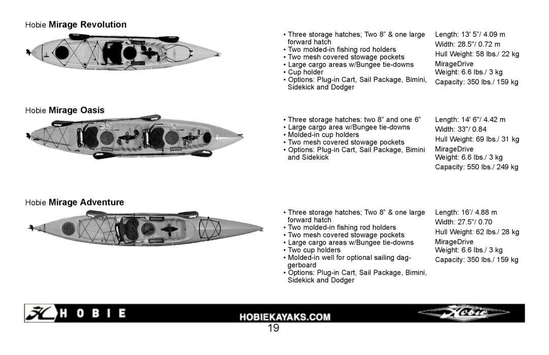 Hobie i12s manual Hobie Mirage Revolution, Hobie Mirage Oasis, Hobie Mirage Adventure 