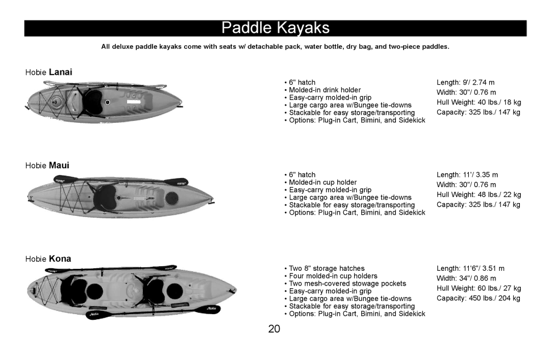 Hobie i12s manual Paddle Kayaks, Hobie Lanai 