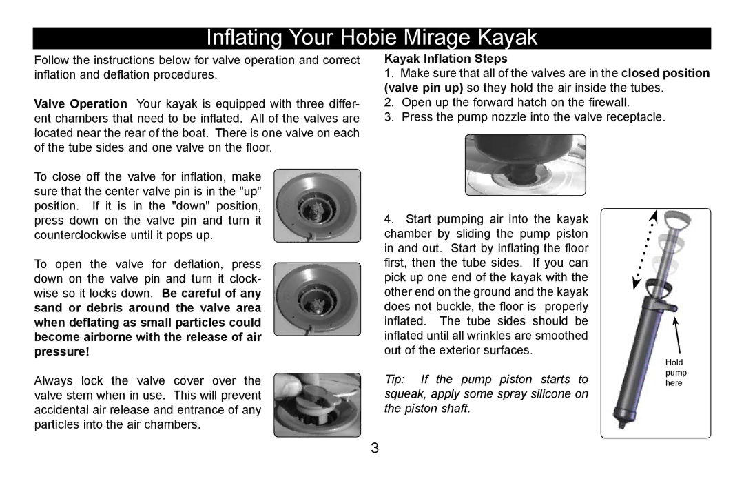 Hobie i12s manual Inflating Your Hobie Mirage Kayak, Kayak Inflation Steps 