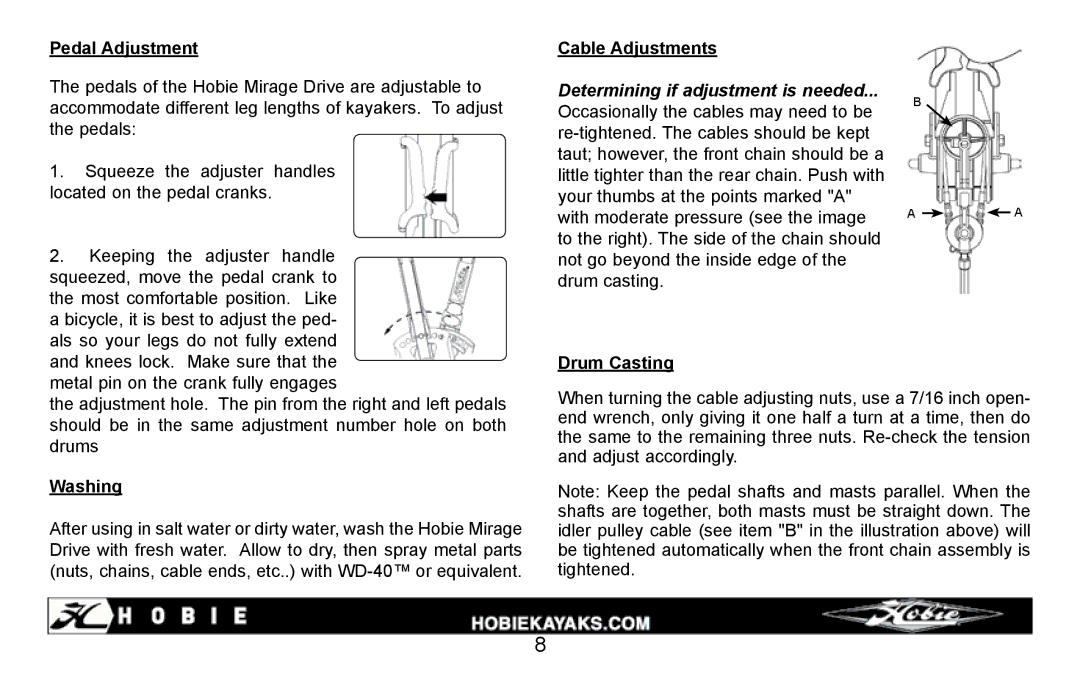 Hobie i12s manual Pedal Adjustment, Cable Adjustments, Washing, Drum Casting 