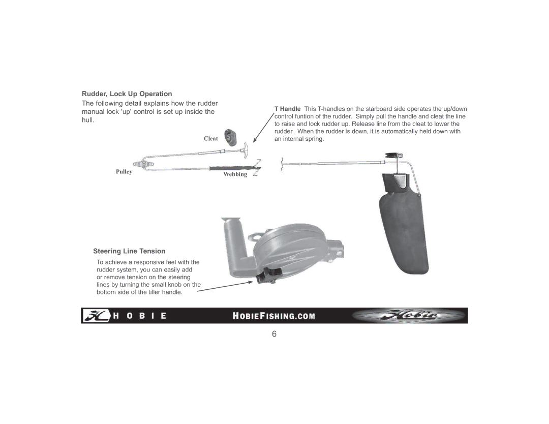 Hobie 89510, Pro Angler manual Rudder, Lock Up Operation, Steering Line Tension 