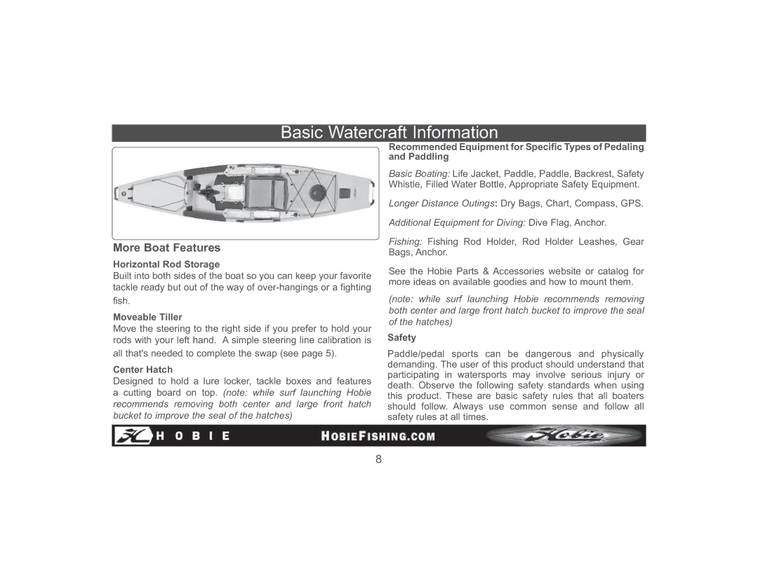 Hobie 89510, Pro Angler manual Horizontal Rod Storage Moveable Tiller, Safety 