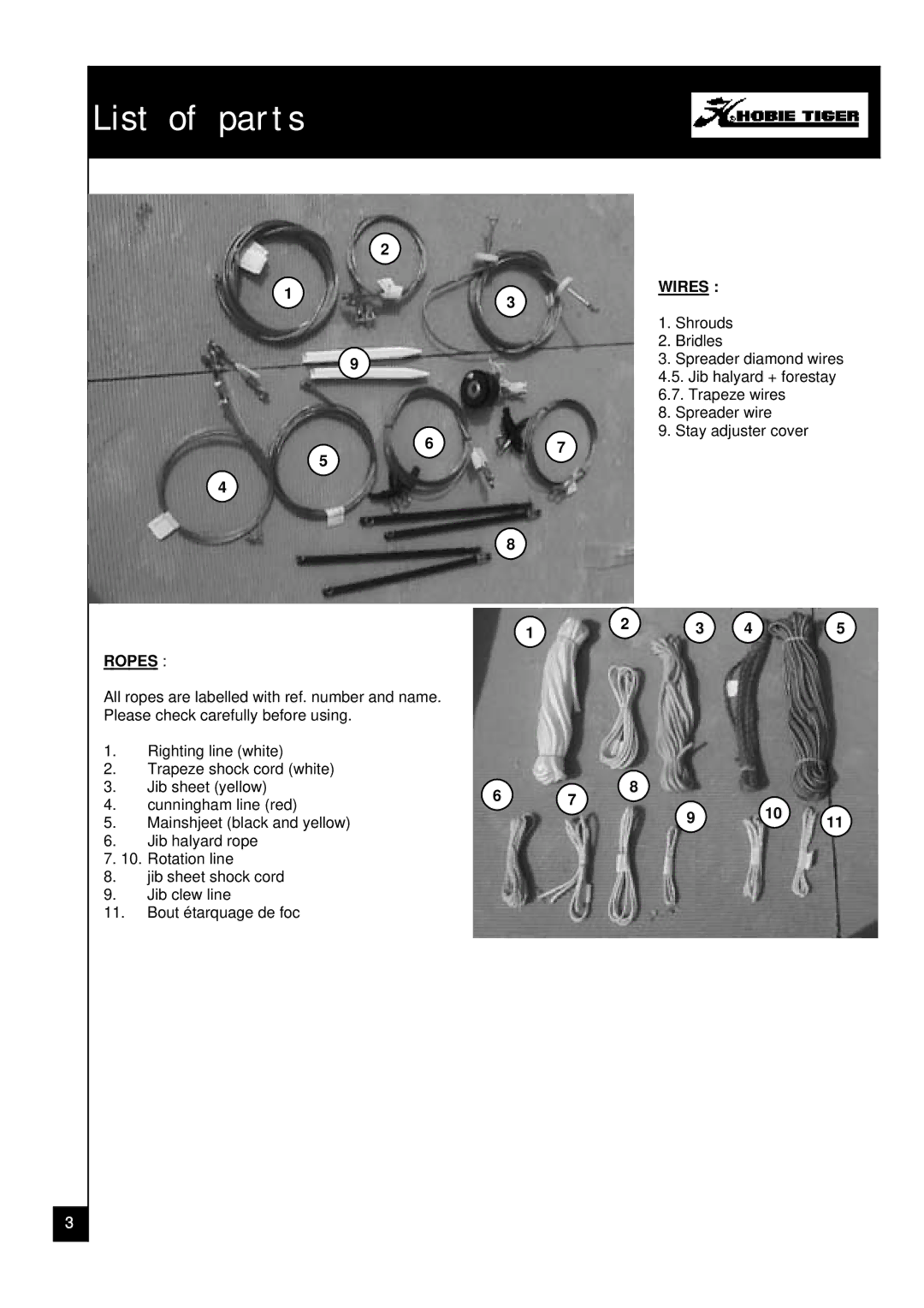 Hobie Tiger manual List of parts 