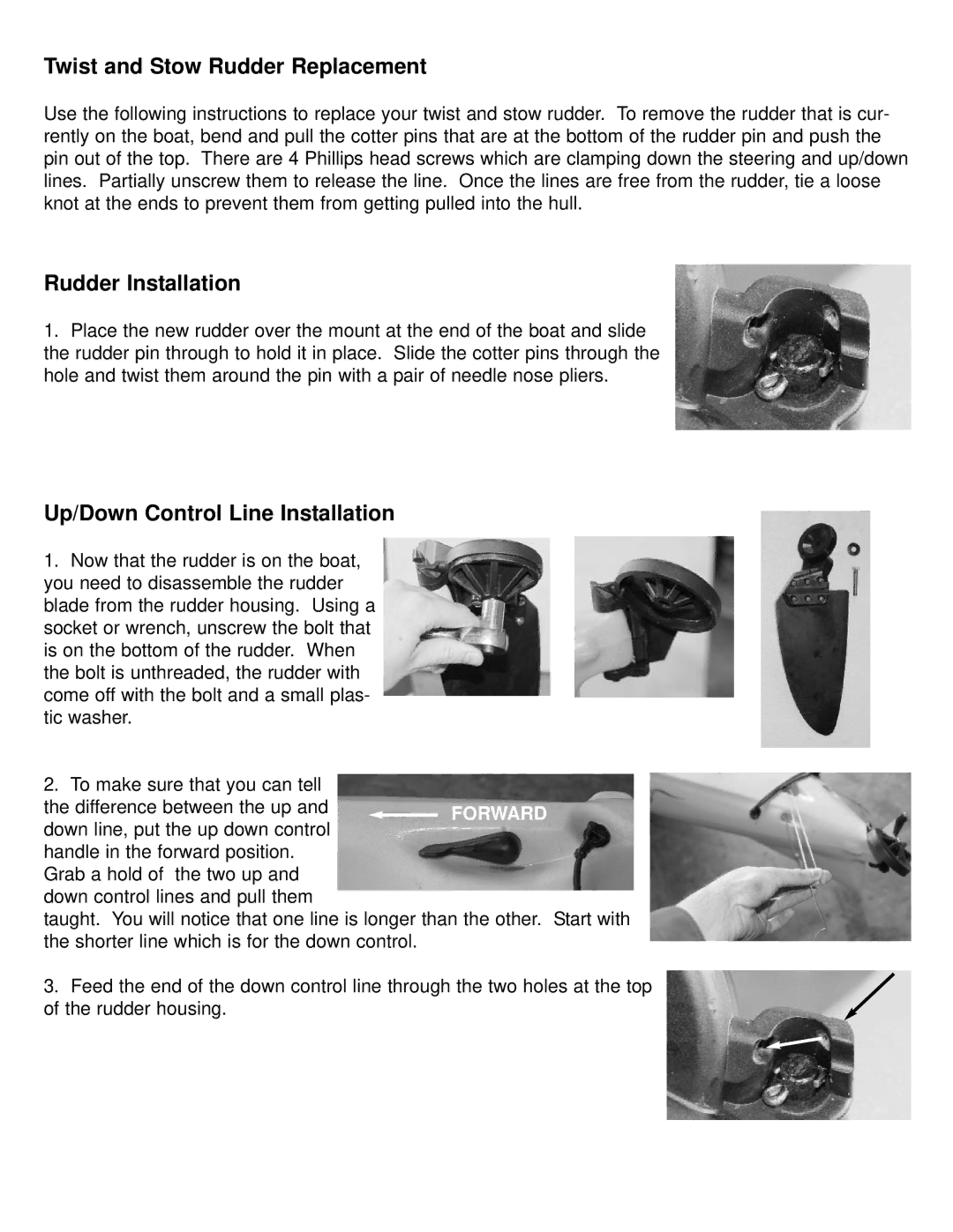 Hobie Twist-n-Stow Rudder manual Twist and Stow Rudder Replacement, Rudder Installation, Up/Down Control Line Installation 