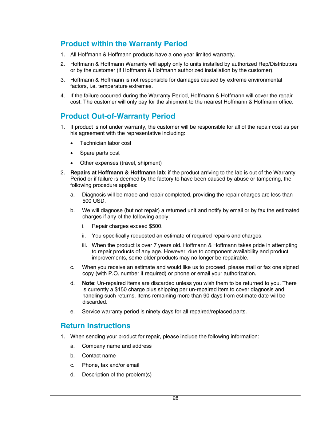 Hoffman Media EDD-4C manual Product within the Warranty Period, Product Out-of-Warranty Period, Return Instructions 