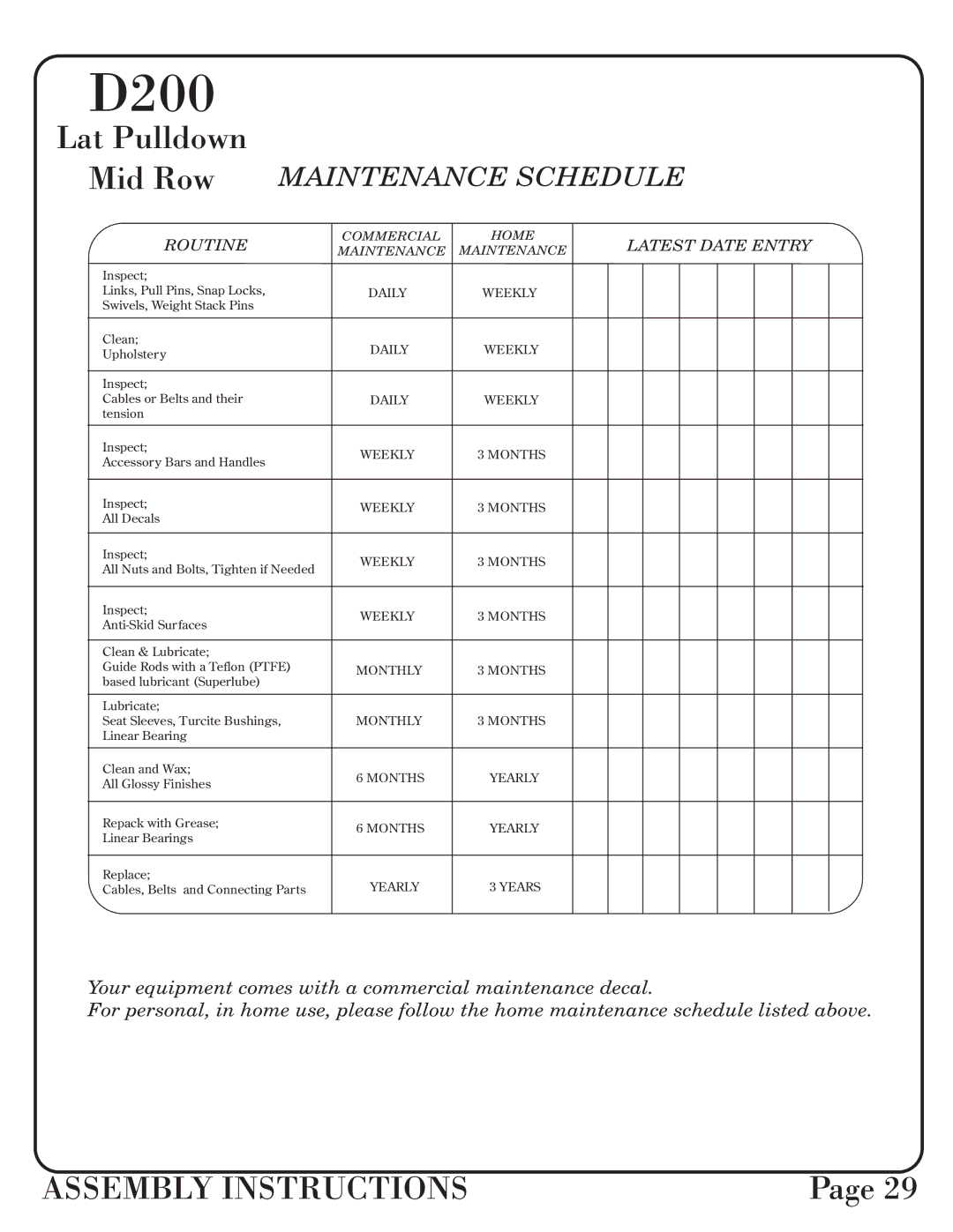 Hoist Fitness 0600-001 manual Mid Row Maintenance Schedule 