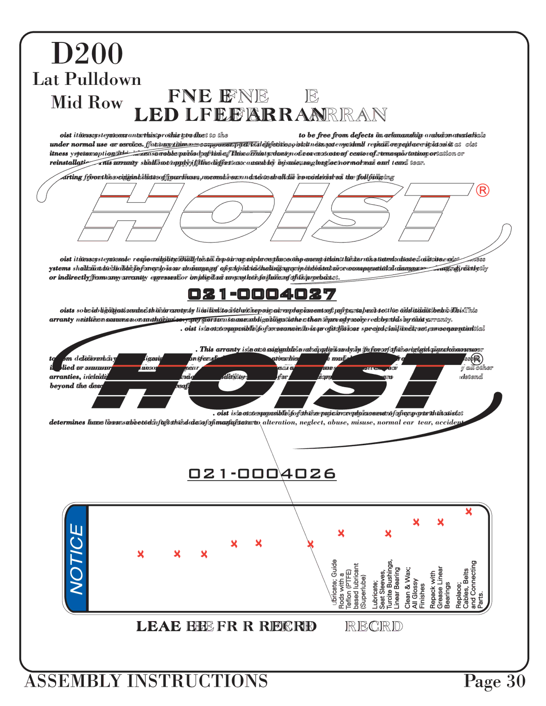 Hoist Fitness 0600-001 manual Limited Lifetime Warranty 