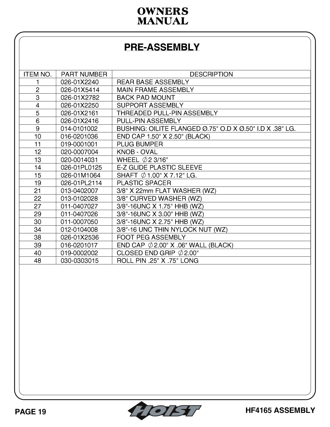 Hoist Fitness 6 Position F.I.D owner manual Owners Manual PRE-ASSEMBLY 