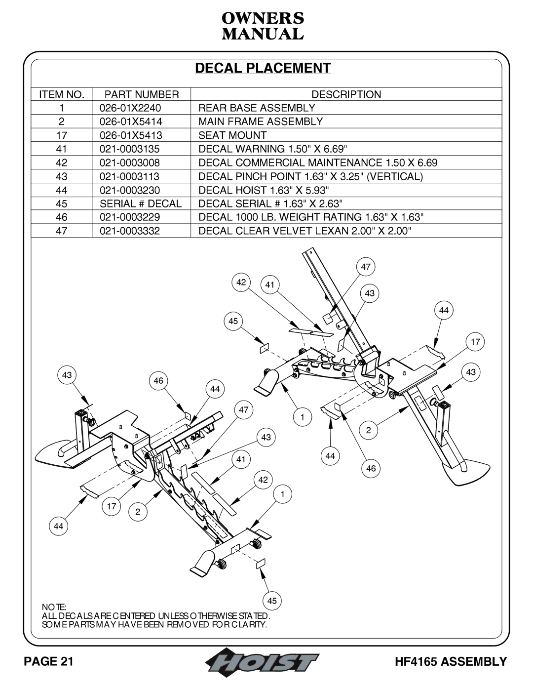 Hoist Fitness 6 Position F.I.D owner manual Decal Placement 