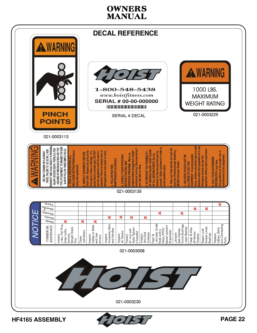 Hoist Fitness 6 Position F.I.D owner manual Decal Reference 