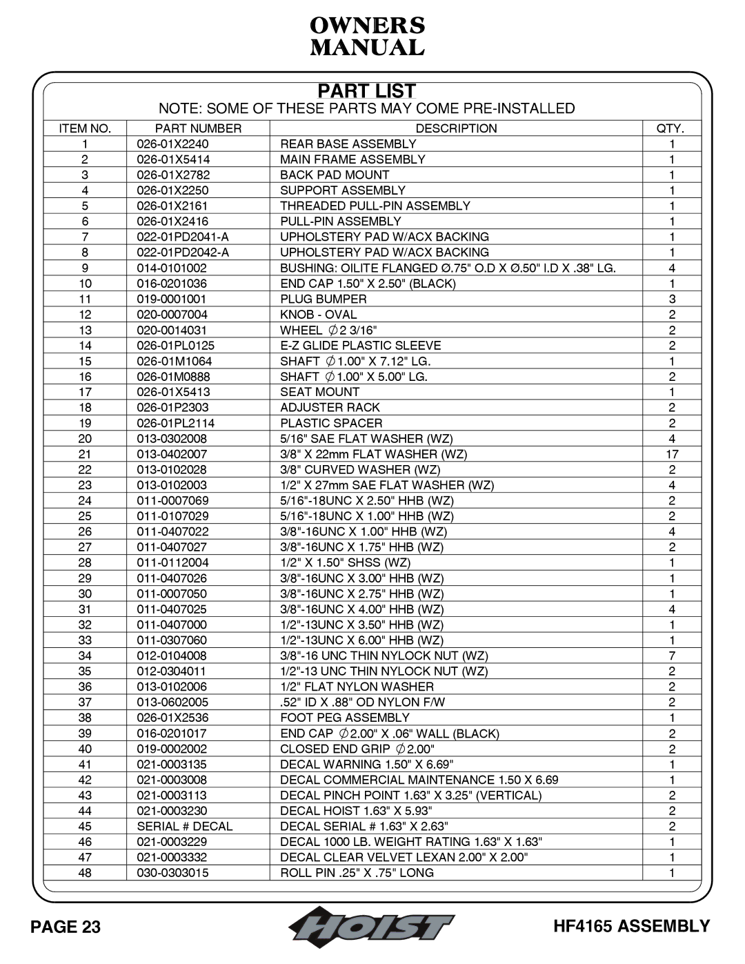 Hoist Fitness 6 Position F.I.D owner manual Part List 