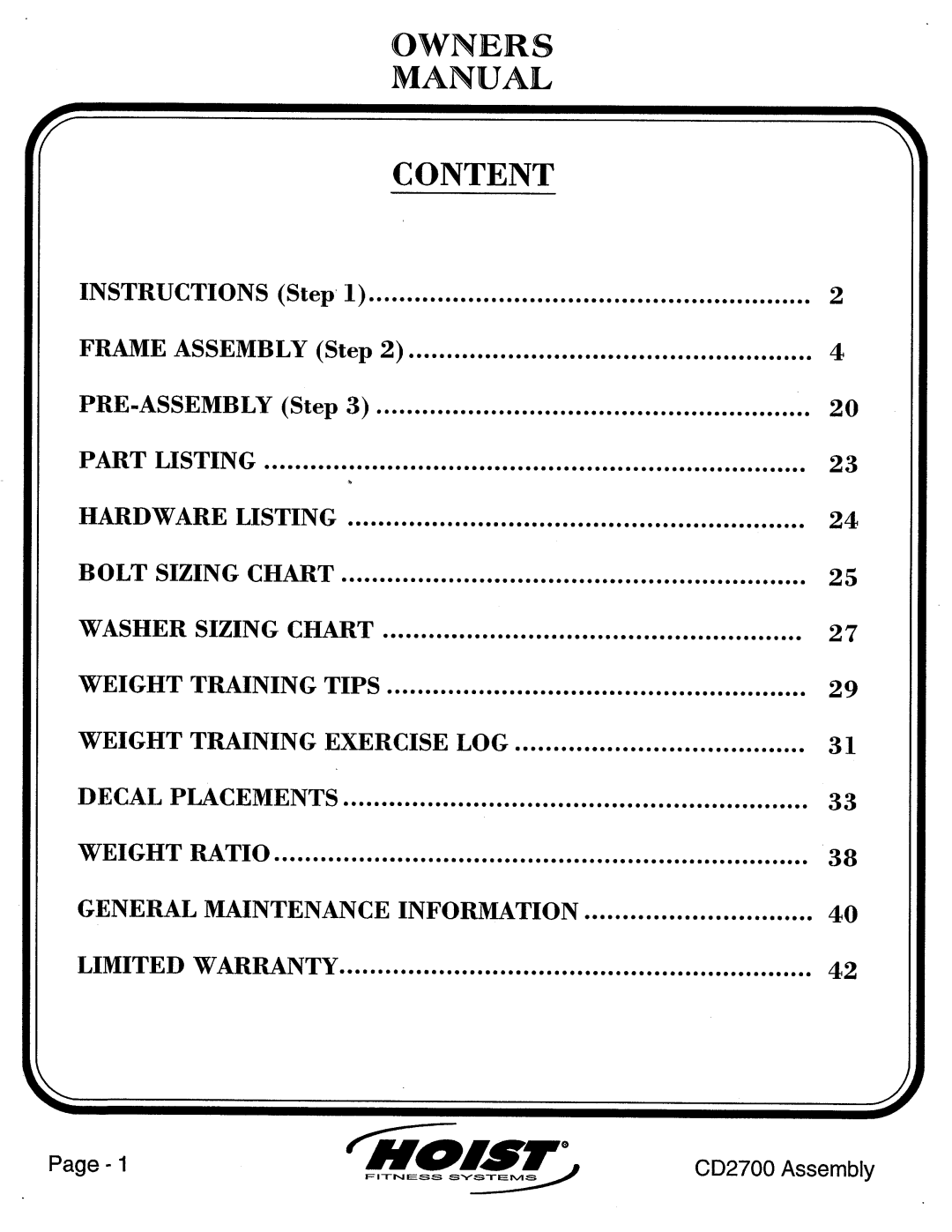 Hoist Fitness CD2700 manual 