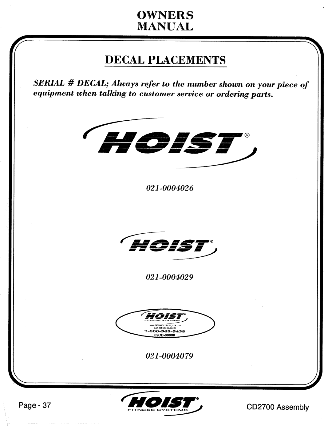 Hoist Fitness CD2700 manual 