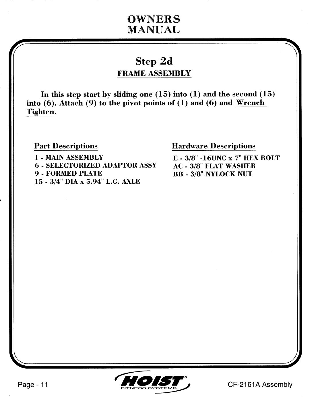 Hoist Fitness CF-2161A manual 