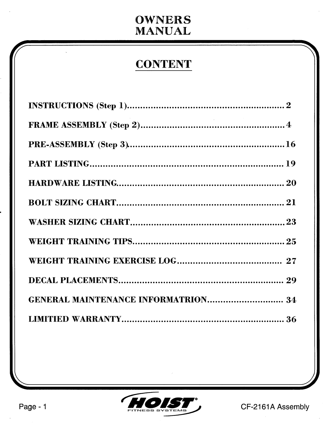 Hoist Fitness CF-2161A manual 